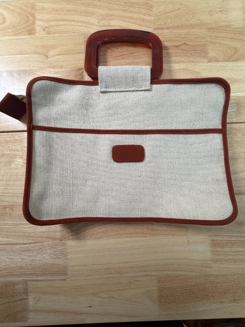 Vintage Woven Document Tote with Amber Handles & Rust Brown Trim